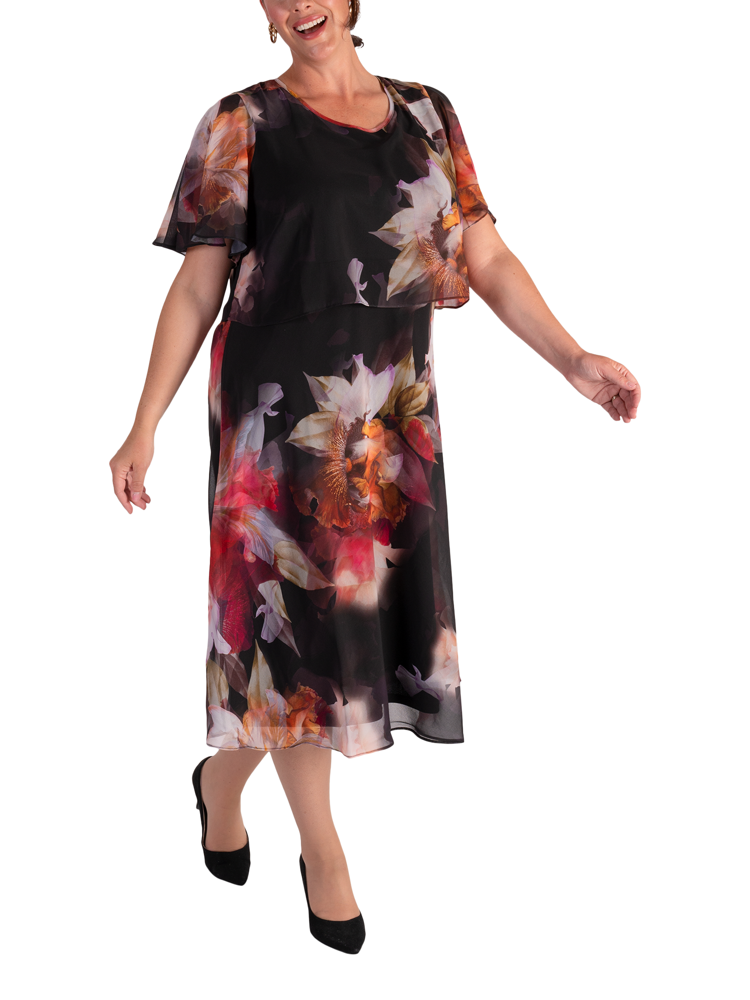 Product image 3 of 6, which shows chesca Orchid Print Layered Chiffon Dress, Black/Multi, 14