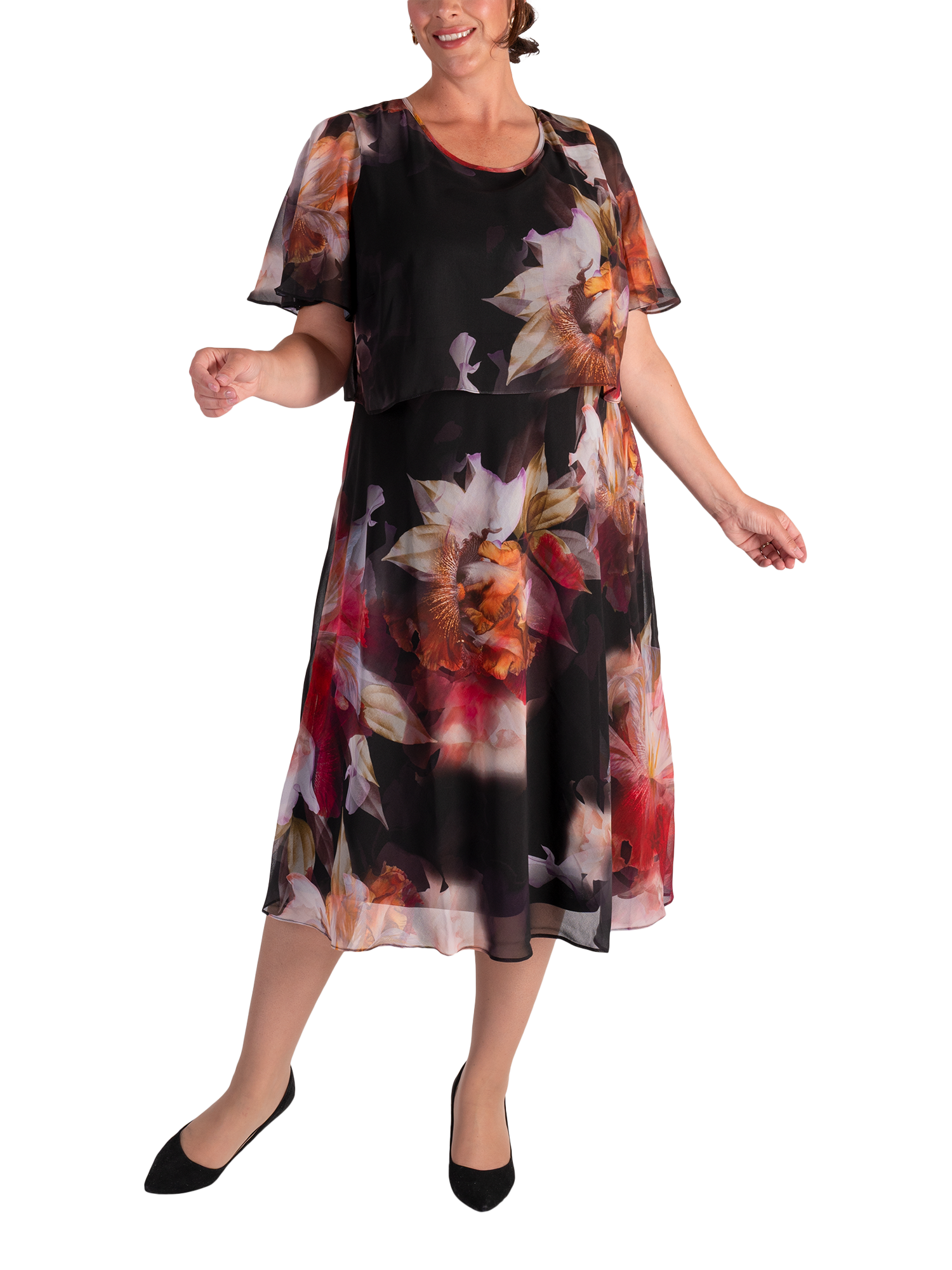 Product image 4 of 6, which shows chesca Orchid Print Layered Chiffon Dress, Black/Multi, 14