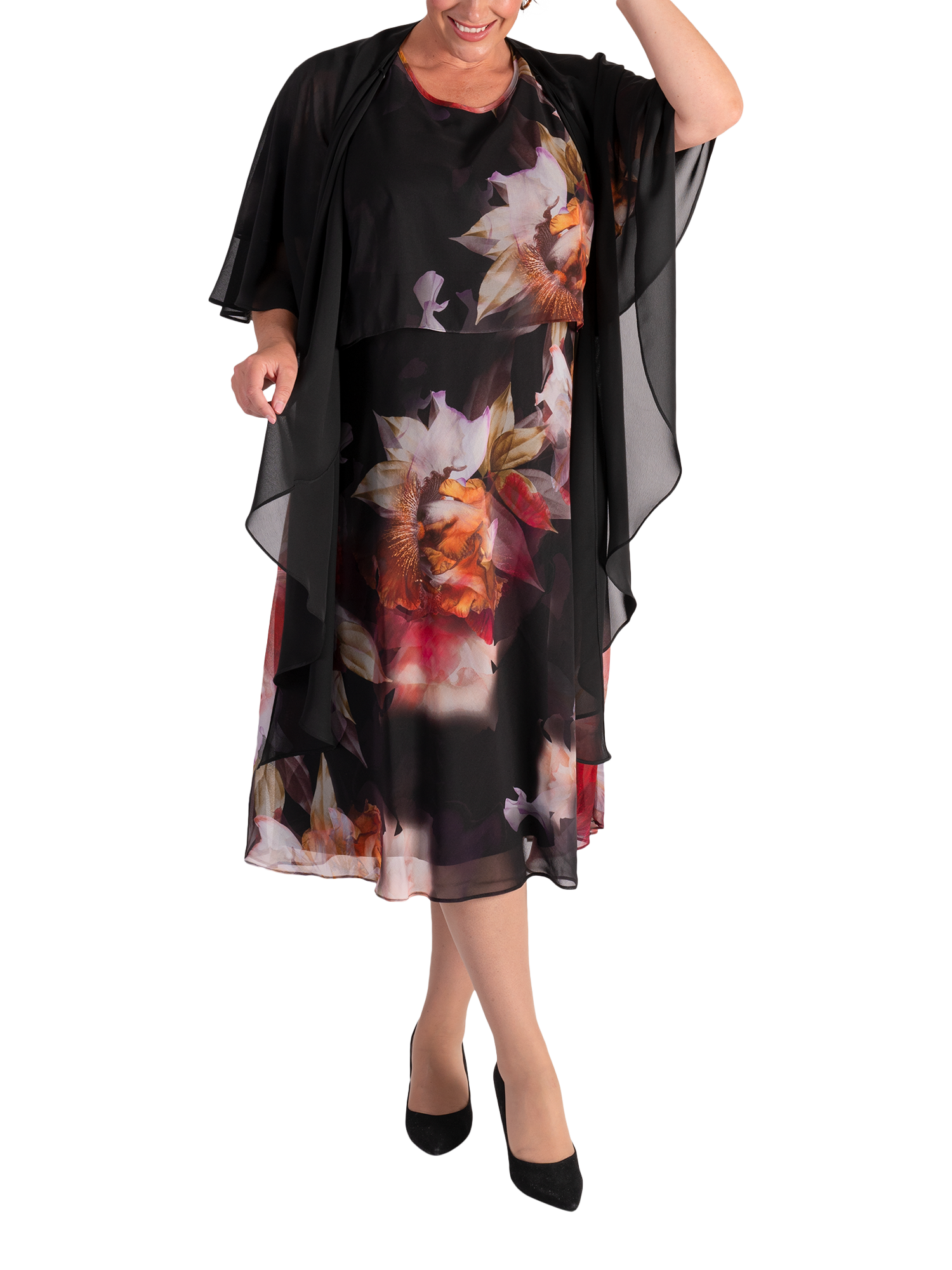 Product image 5 of 6, which shows chesca Orchid Print Layered Chiffon Dress, Black/Multi, 14