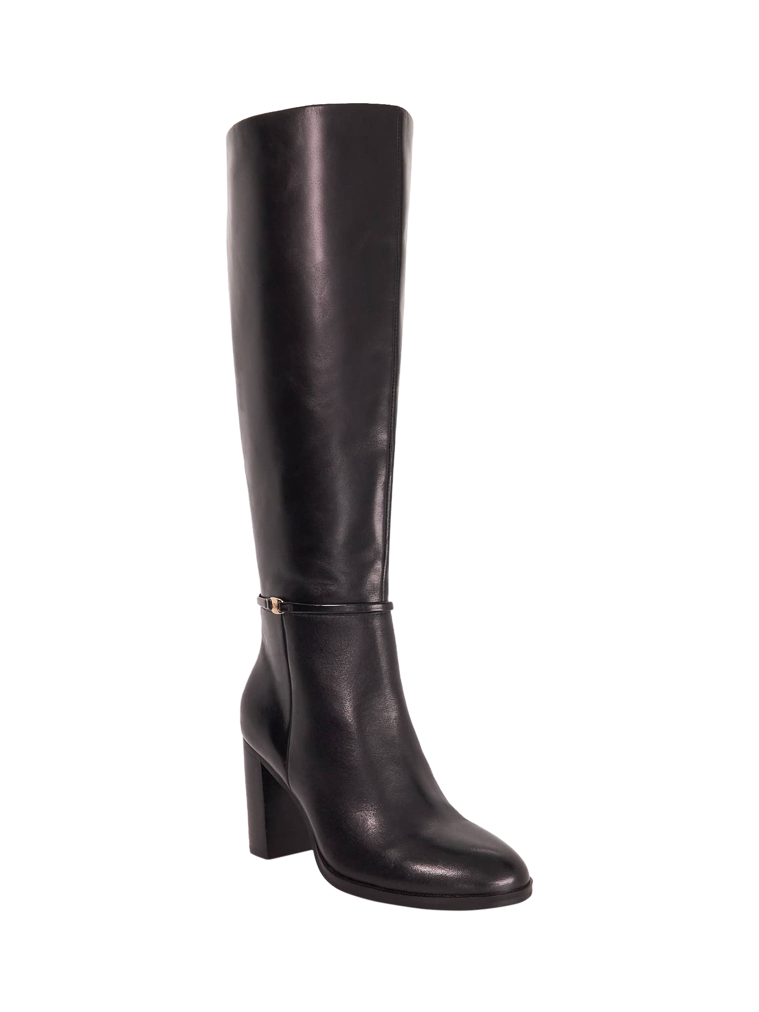 Product image 4 of 6, which shows Dune London Strap Block High Leg Starlling Leather Boots, Black, EU36