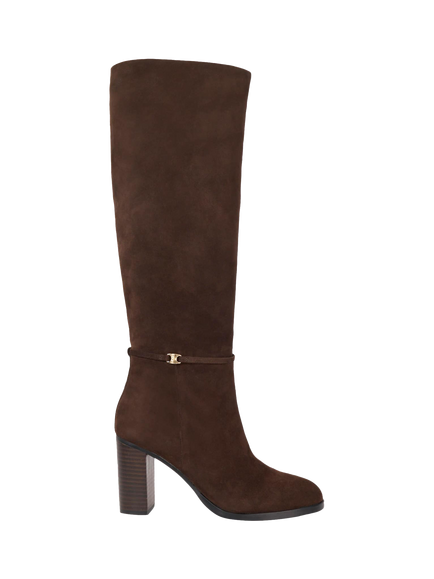 Dune London Strap Block High Leg Starlling Suede Boots, Brown