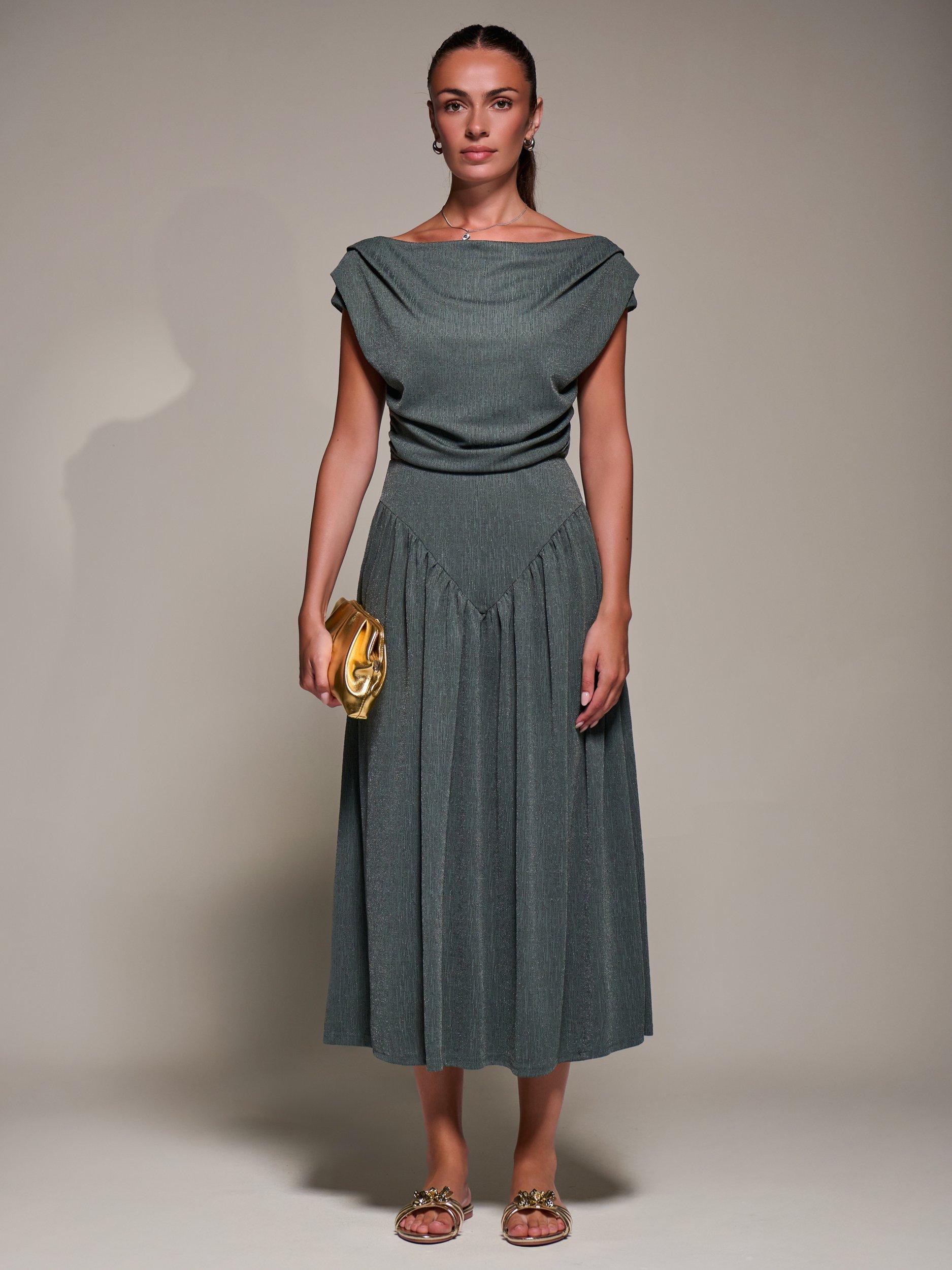 bandeau asymmetric draped midi dress in red Sisi Cowl Back Asymmetric Gown — White main image 0
