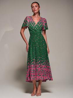 Jolie Moi Mesh Floral Mirrored Midaxi Dress, Green Floral