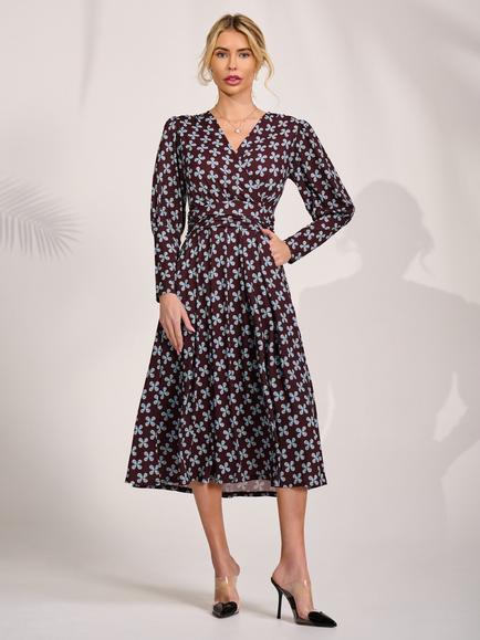 Jolie Moi Abstract Floral Puff Long Sleeve Midi Dress, Brown Pattern, Brown Pattern