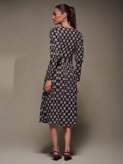 Jolie Moi Abstract Floral Puff Long Sleeve Midi Dress, Brown Pattern - view 2, Brown Pattern
