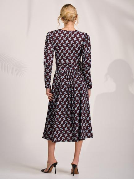 Jolie Moi Abstract Floral Puff Long Sleeve Midi Dress, Brown Pattern - view 2, Brown Pattern