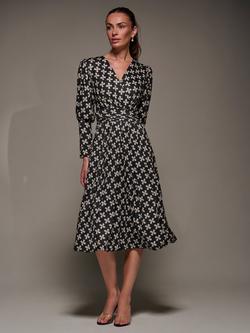 Jolie Moi Abstract Floral Puff Sleeve Jersey Midi Dress, Black Pattern, Black Pattern