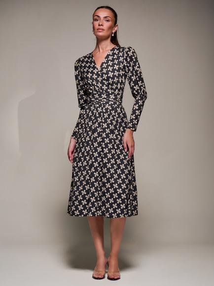 Jolie Moi Abstract Floral Puff Sleeve Jersey Midi Dress, Black Pattern, Black Pattern