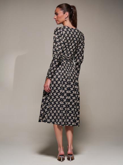 Jolie Moi Abstract Floral Puff Sleeve Jersey Midi Dress, Black Pattern - view 2, Black Pattern