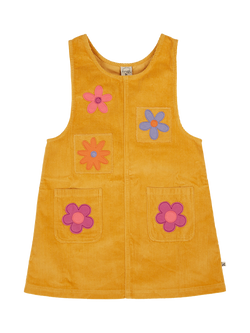 Frugi Kids' Ginny Corduroy Pinafore Dress, Gold/Flowers, Gold/Flowers
