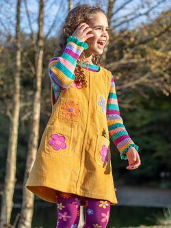 Frugi Kids' Ginny Corduroy Pinafore Dress, Gold/Flowers - view 2, Gold/Flowers