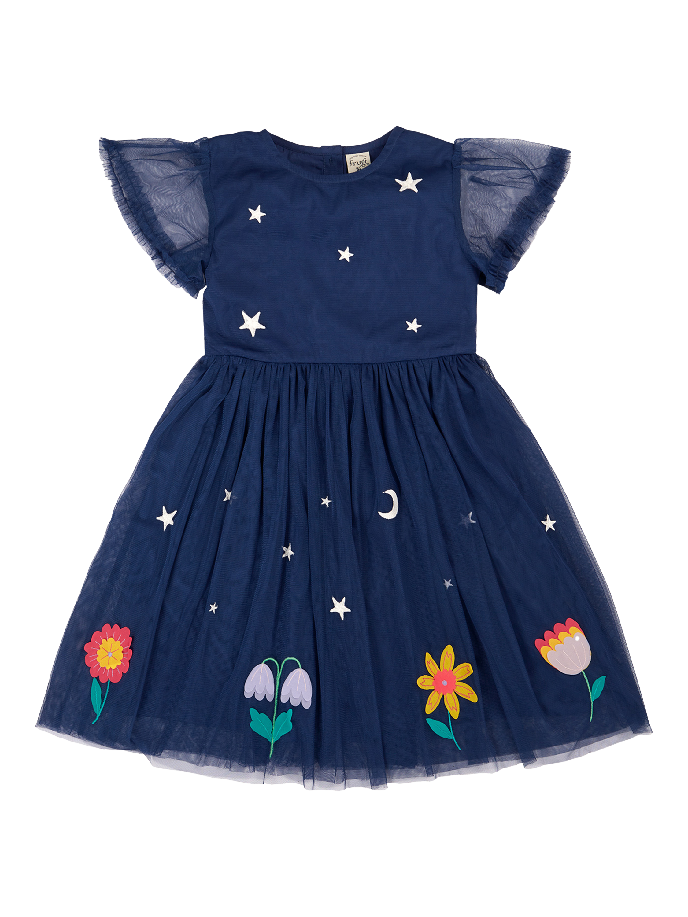 Frugi Kids' Penny Short Sleeved Applique Party Dress, Navy Blue