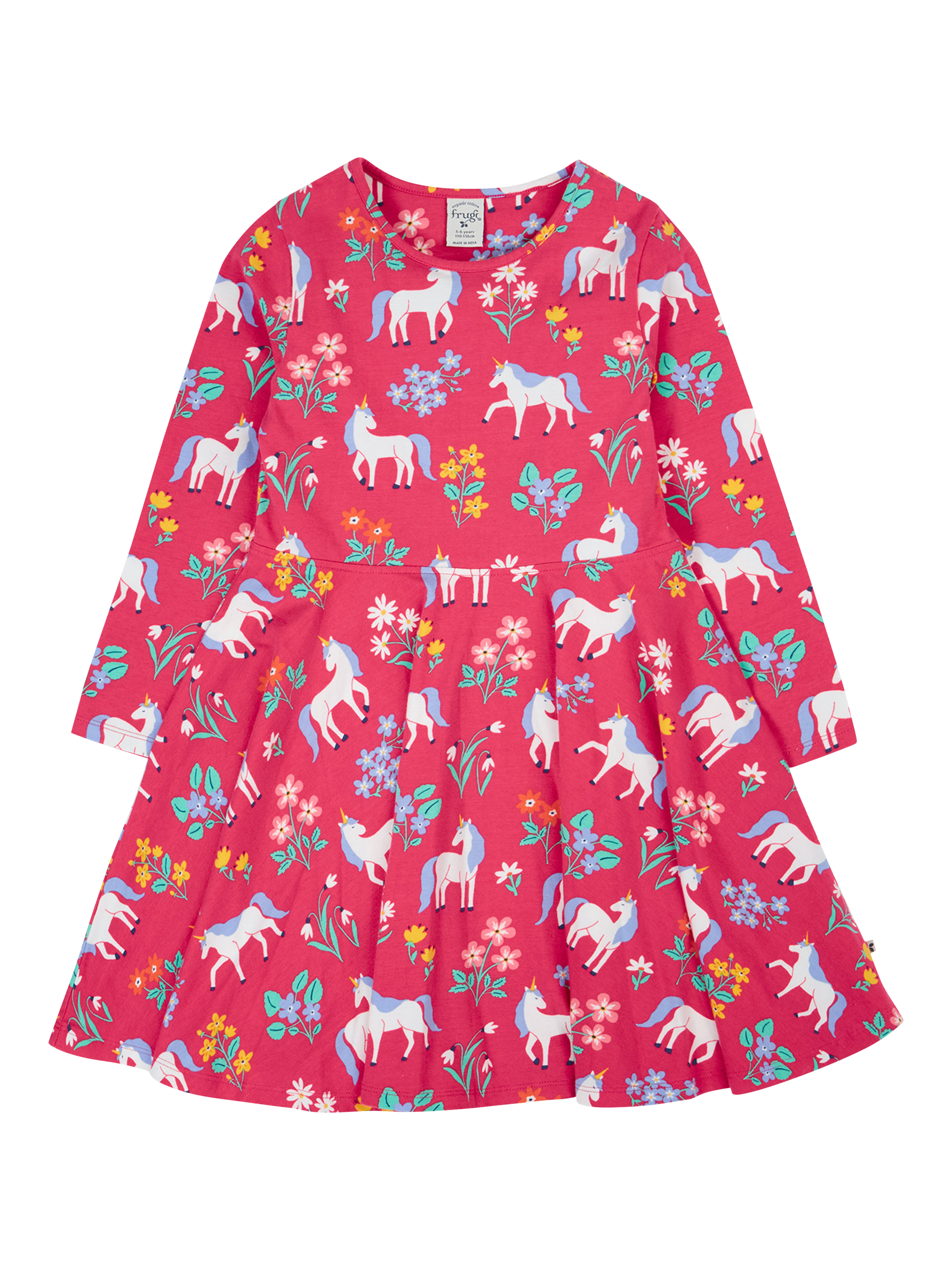 Frugi Kids' Sofia Cotton Long Sleeved Skater Dress, Rose Unicorn - Main Image