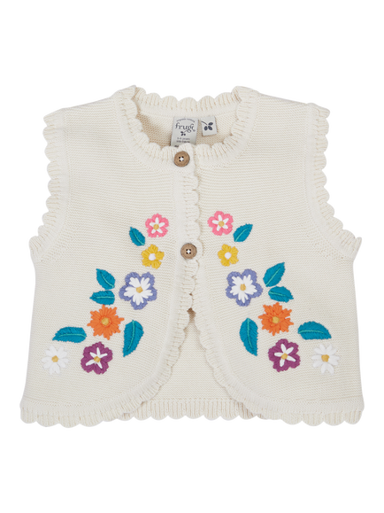 Frugi Kids' Connie Knitted Cotton Sleeveless Waistcoat, Oatmeal/Multi, Oatmeal/Multi