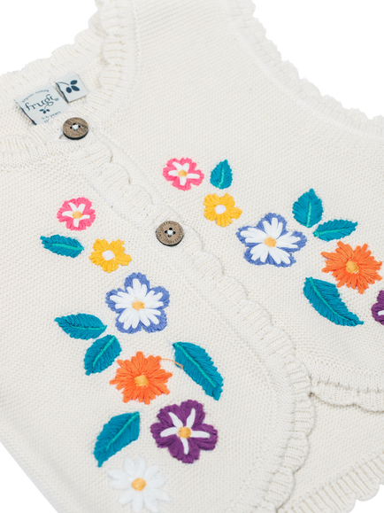Frugi Kids' Connie Knitted Cotton Sleeveless Waistcoat, Oatmeal/Multi - view 2, Oatmeal/Multi