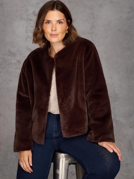 Live Unlimited Curve Short Faux Fur Jacket, Brown - view 2, Brown