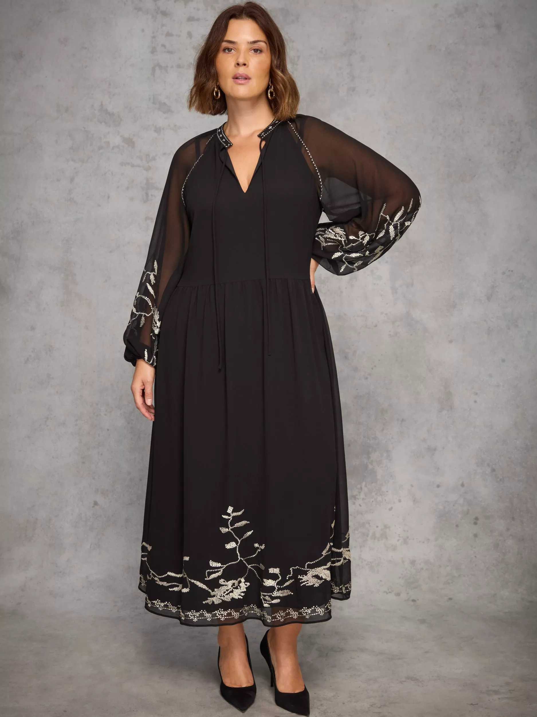 Live Unlimited Curve Embroidered Nehru Collar Midaxi Dress, Black