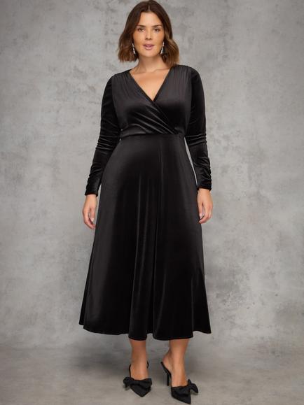 Live Unlimited Curve Long Sleeve Velvet Wrap Dress, Black, Black