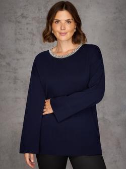 Live Unlimited Embellished Cotton Blend Round Neck Jumper - view 2, Blue