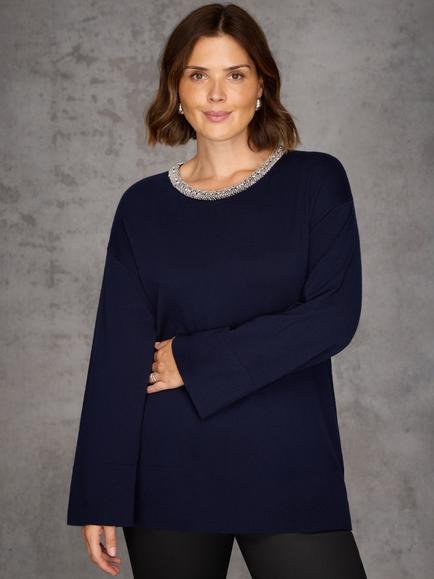 Live Unlimited Embellished Cotton Blend Round Neck Jumper - view 2, Blue