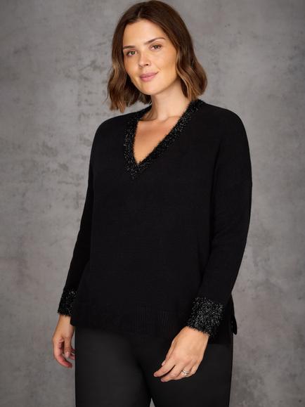 Live Unlimited Curve V-Neck Sparkle Trim Jumper, Black, Black