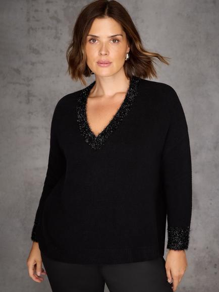 Live Unlimited Curve V-Neck Sparkle Trim Jumper, Black - view 2, Black