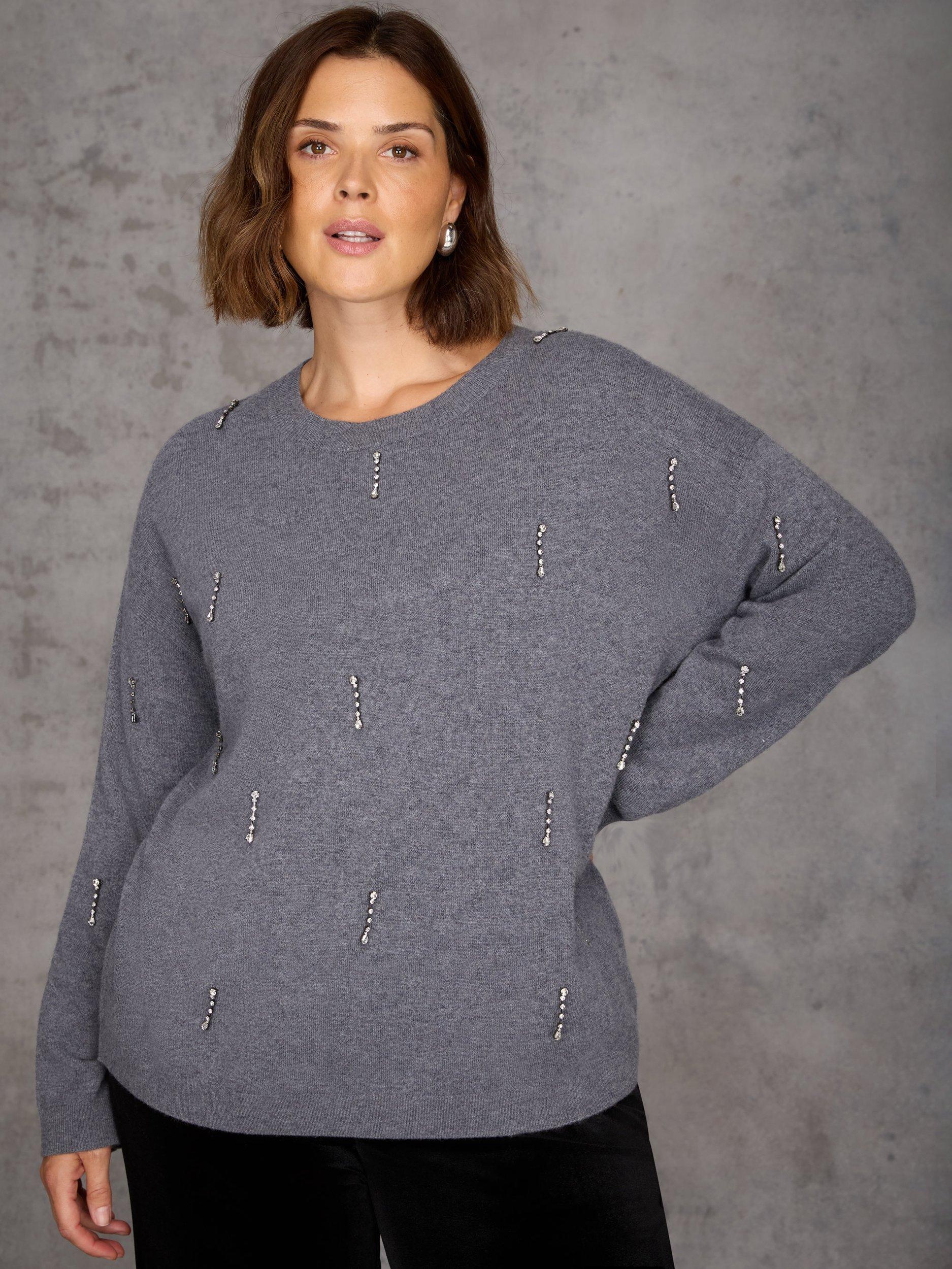 Product image 2 of 4, which shows Live Unlimited Curve Embellished Wool Blend Jumper, Grey, 12