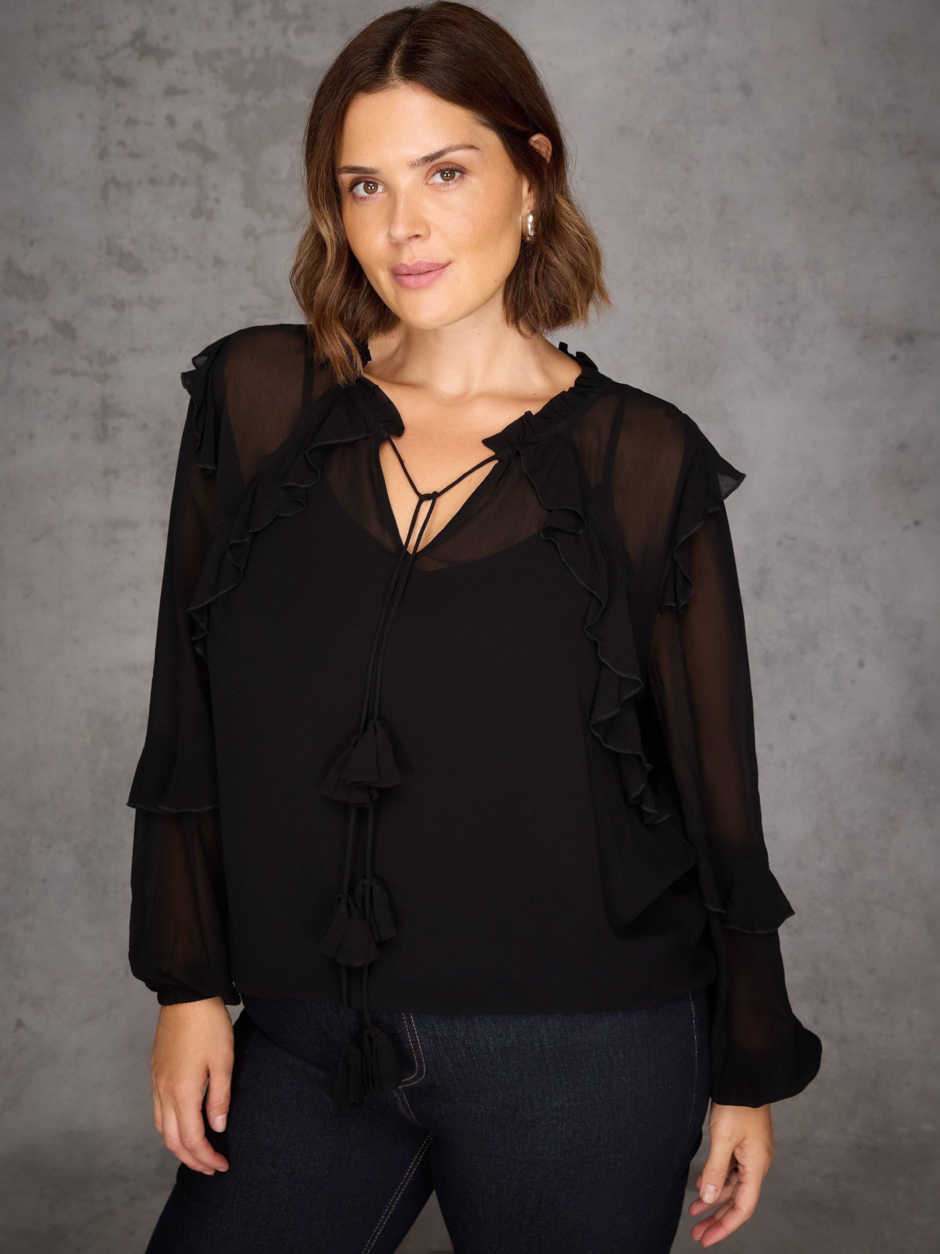 Product image 1 of 5, which shows Live Unlimited Curve Ruffle Tie Neck Top, Black, 12