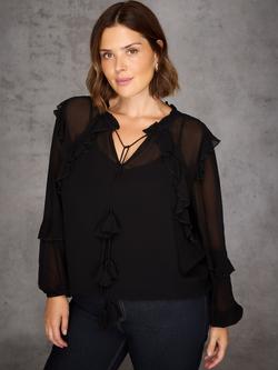 Live Unlimited Curve Ruffle Tie Neck Top, Black