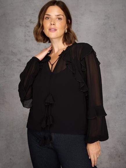 Live Unlimited Curve Ruffle Tie Neck Top - view 2, Black