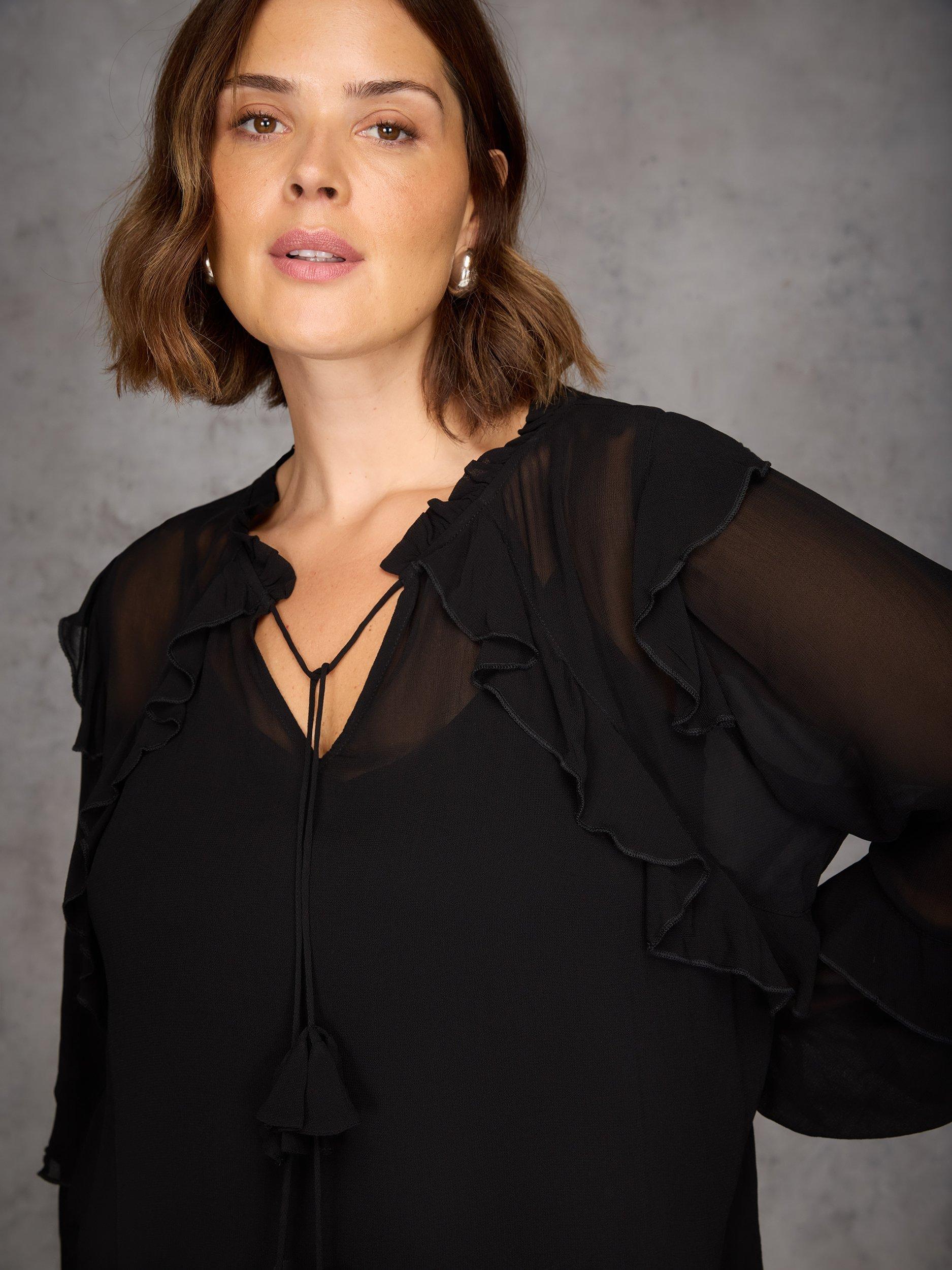 Product image 4 of 5, which shows Live Unlimited Curve Ruffle Tie Neck Top, Black, 12