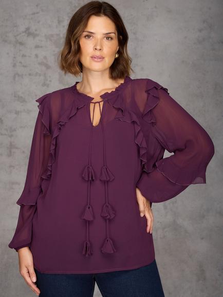 Live Unlimited Curve Ruffle Tie Neck Top, Purple