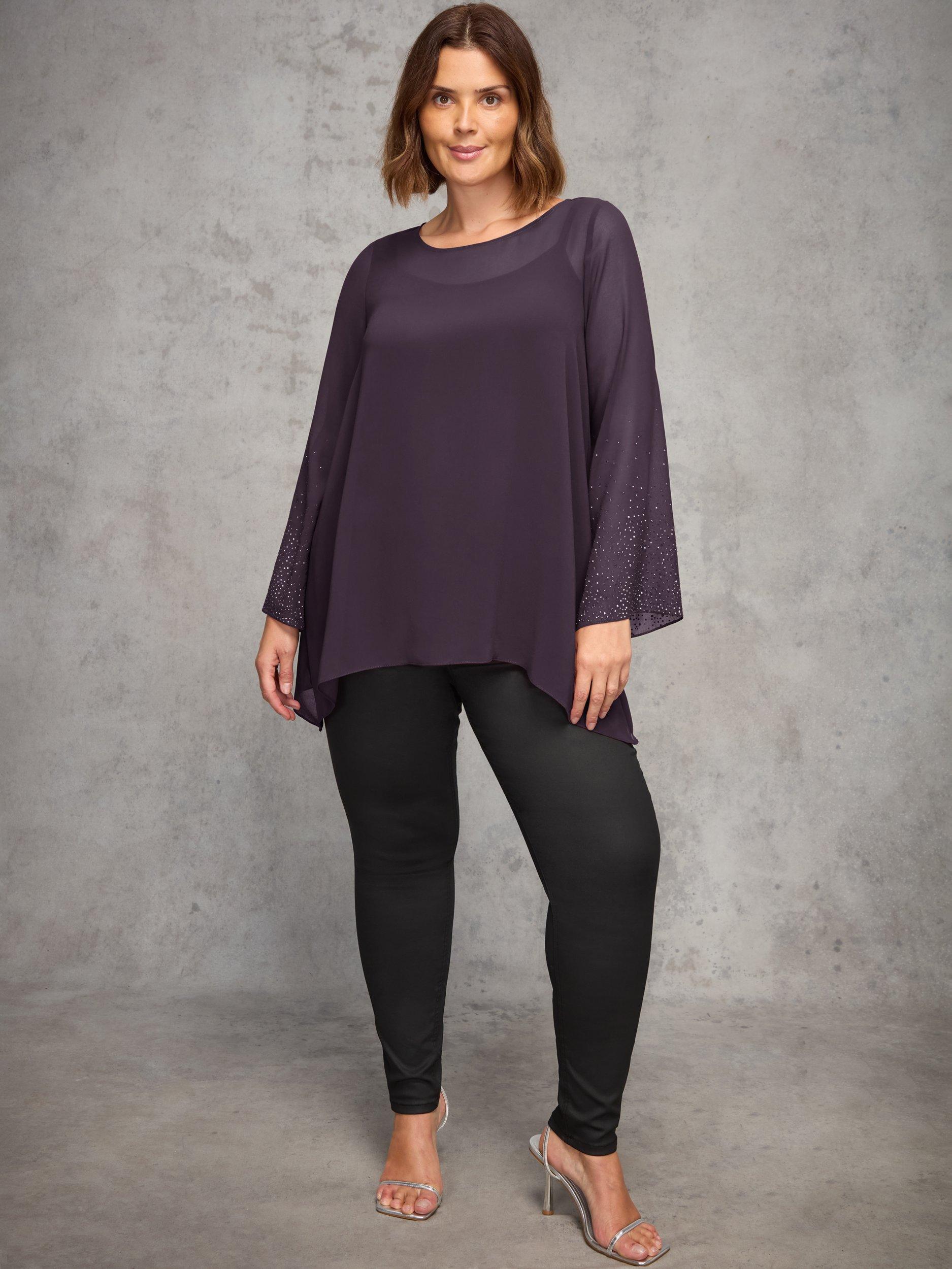 Product image 1 of 3, which shows Live Unlimited Curve Embellished Hanky Hem Overlay Top, Purple, 12