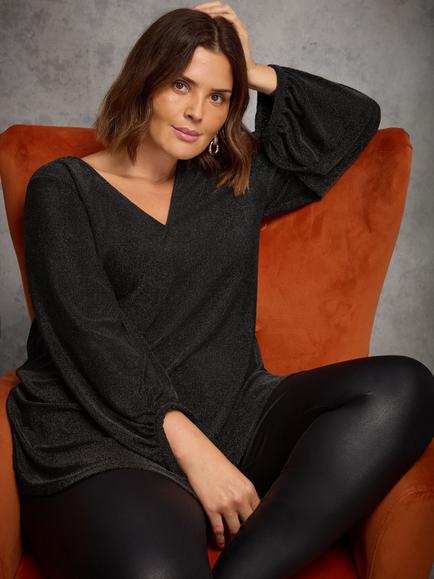 Live Unlimited Curve Blouson Sleeve Sparkle Jersey Tunic, Black - view 2, Black