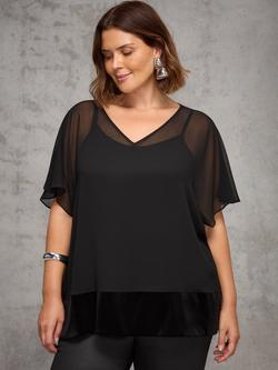 Live Unlimited Curve Velvet Contrast Overlay Top, Black, Black