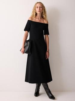 Jigsaw Cotton Short Sleeve Bardot Neck Midi Dress, Black