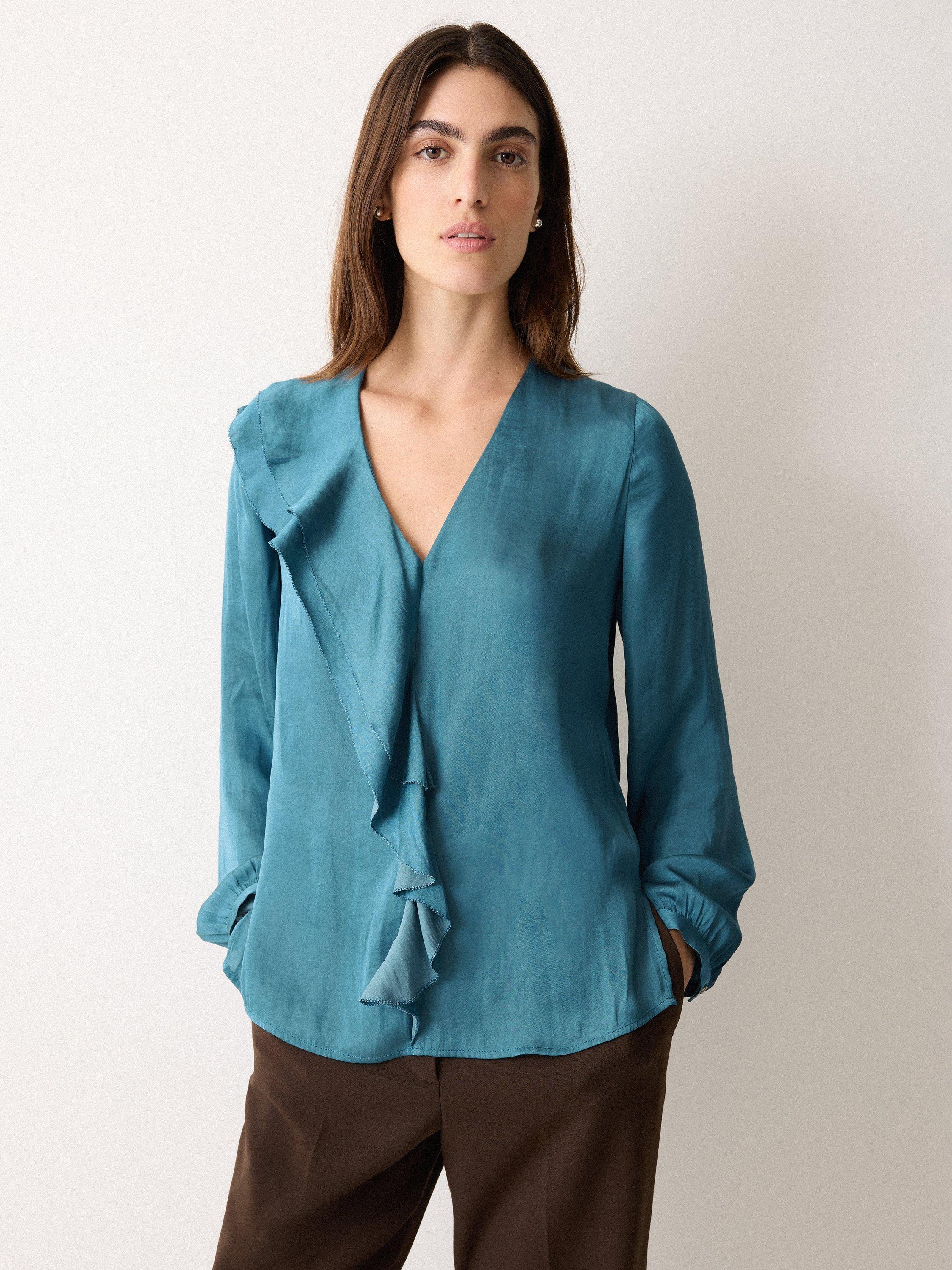Product image 1 of 5, which shows Jigsaw Recycled Satin Frill Blouse, Blue, 6