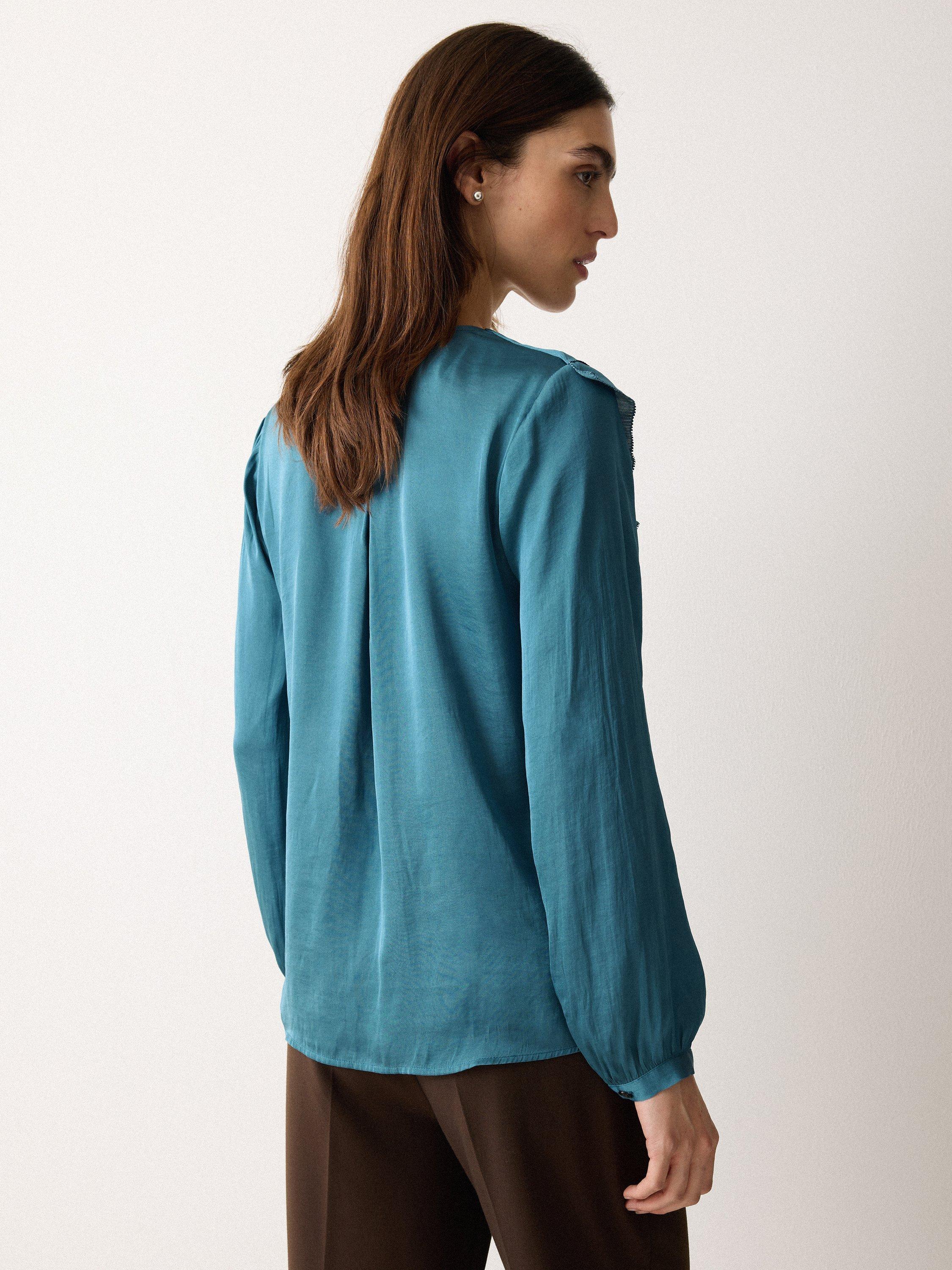 Product image 2 of 5, which shows Jigsaw Recycled Satin Frill Blouse, Blue, 6