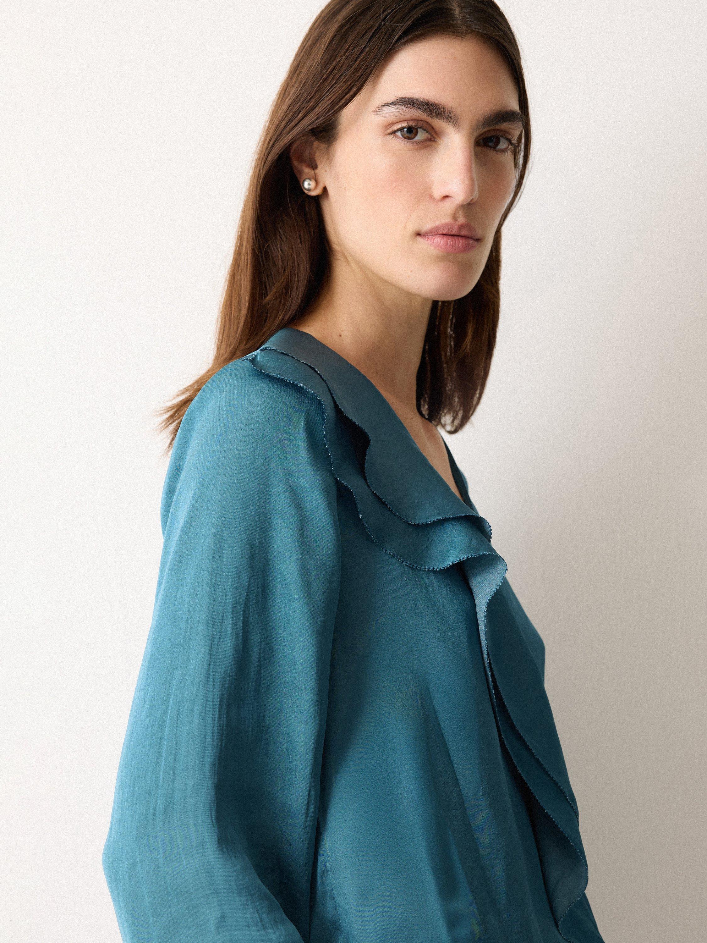 Product image 3 of 5, which shows Jigsaw Recycled Satin Frill Blouse, Blue, 6