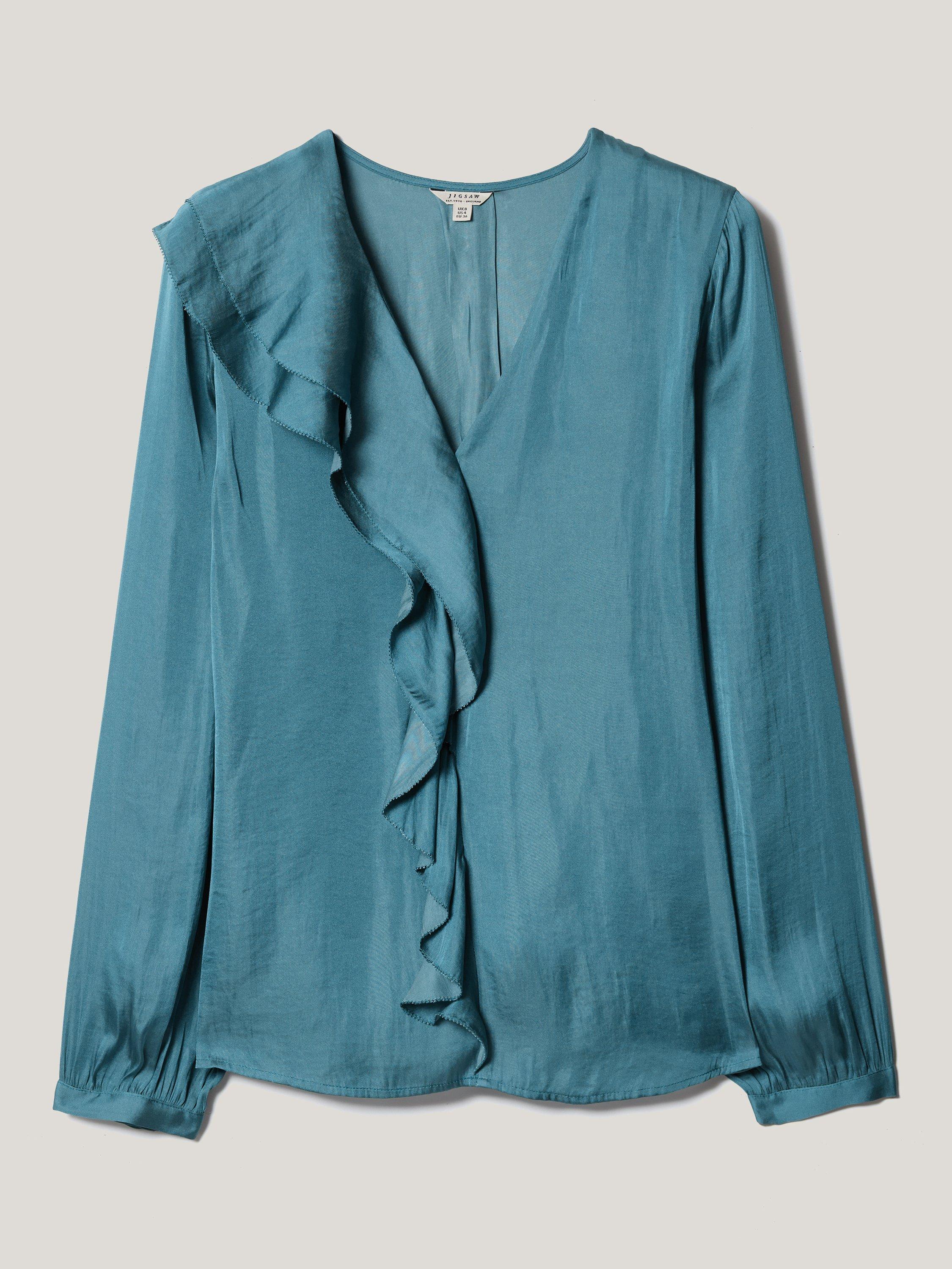 Product image 5 of 5, which shows Jigsaw Recycled Satin Frill Blouse, Blue, 6