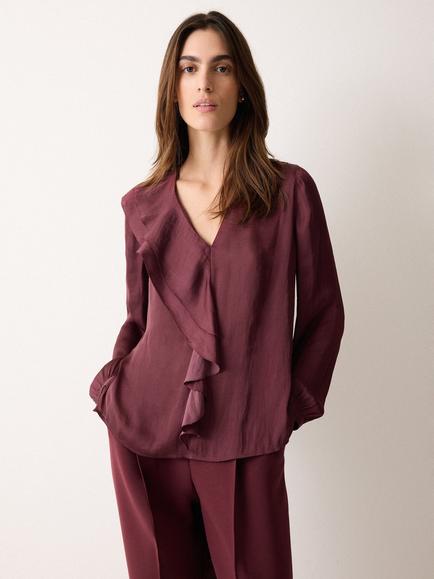 Jigsaw Recycled Satin Frill Blouse, Red