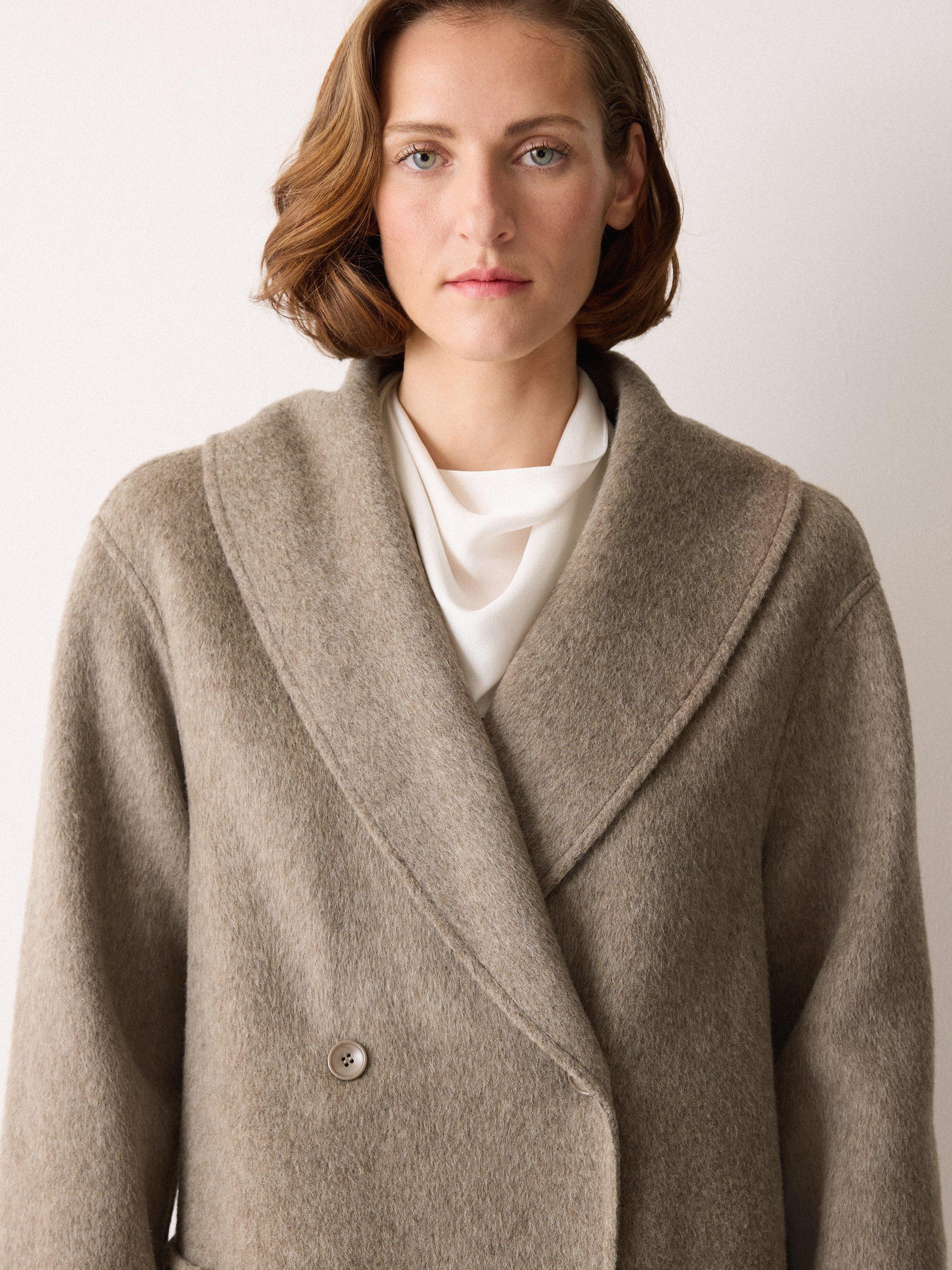 Product image 3 of 6, which shows Jigsaw Double Faced Shawl Midi Coat, Taupe, L