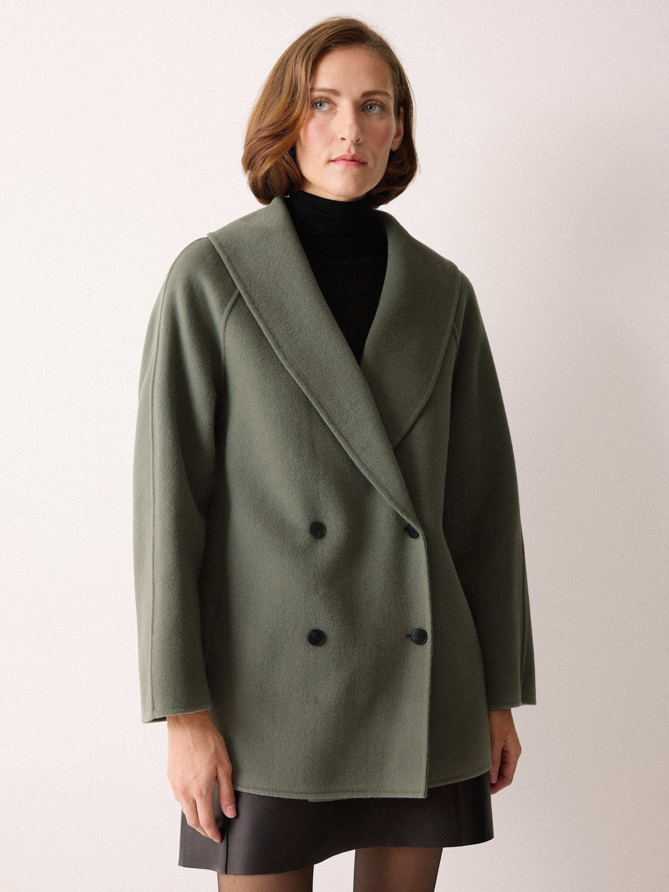 Product image 3 of 5, which shows Jigsaw Short Double Faced Shawl Coat, Green, S