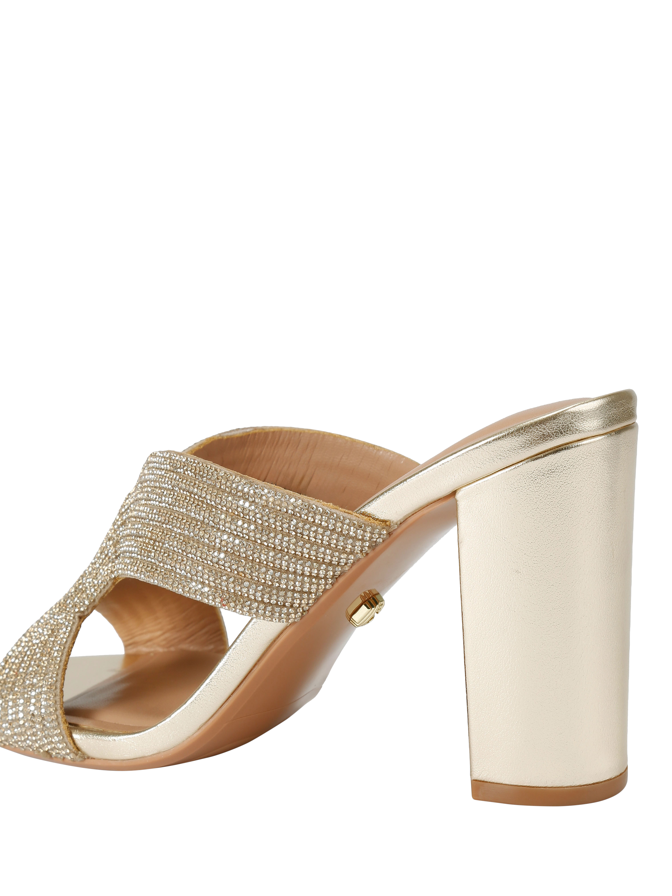 LALA IKAI Women's Gold High Heel Sandals - Rhinestone Chunky Heels, Ankle Strappy, Peep Toe