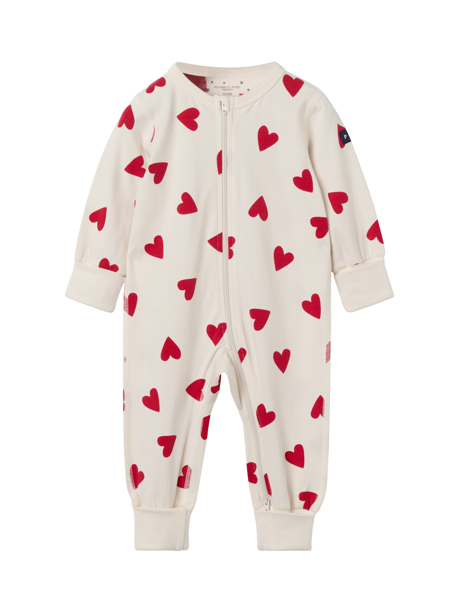 Product image 1 of 3, which shows Polarn O. Pyret Baby Cotton Blend Heart Print Sleepsuit, White/Red, 0-2 months