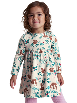 Polarn O. Pyret Kids' Cotton Long Sleeved Festive Animal Print Dress, Natural, Natural