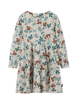 Polarn O. Pyret Kids' Cotton Long Sleeved Festive Animal Print Dress, Natural - view 2, Natural