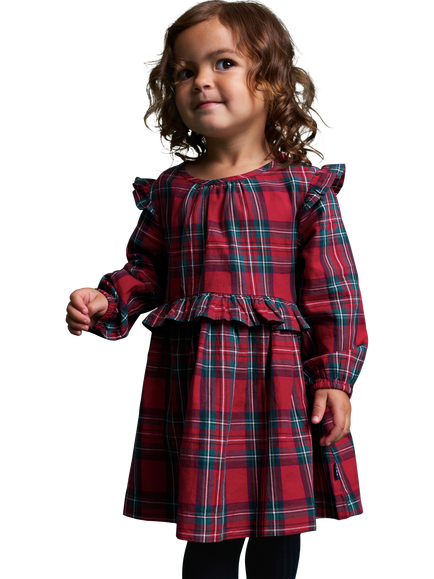 Polarn O. Pyret Kids' Cotton Long Sleeved Check Dress, Red, Red