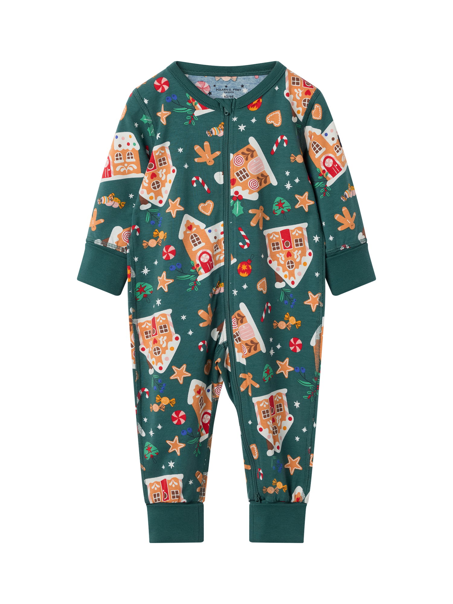 Product image 1 of 3, which shows Polarn O. Pyret Baby Cotton Blend Gingerbread Sleepsuit, Green/Multi, 0-2 months