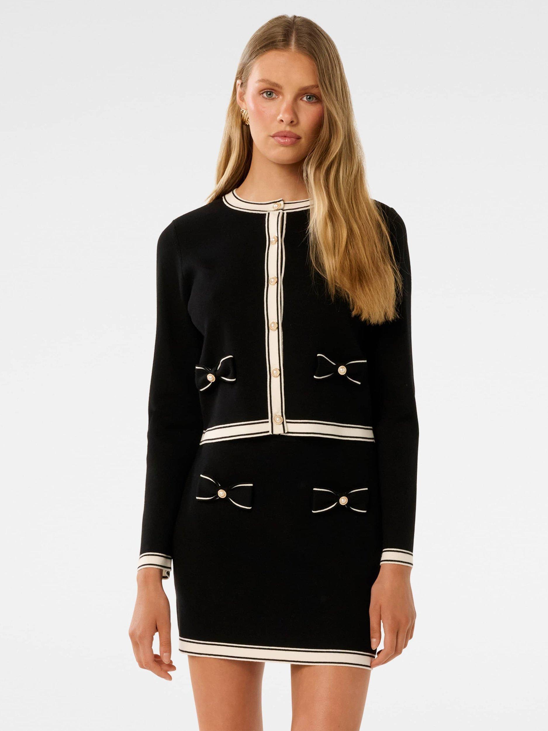 Product image 1 of 5, which shows Forever New Cece Colour Block Bow Cardigan, Black/Porcelain, L